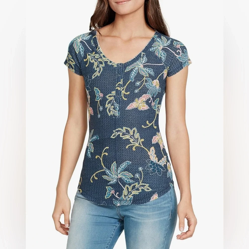 William Rast Blue Geneva Henley Top Floral Women’s Size Large - Picture 1 of 13
